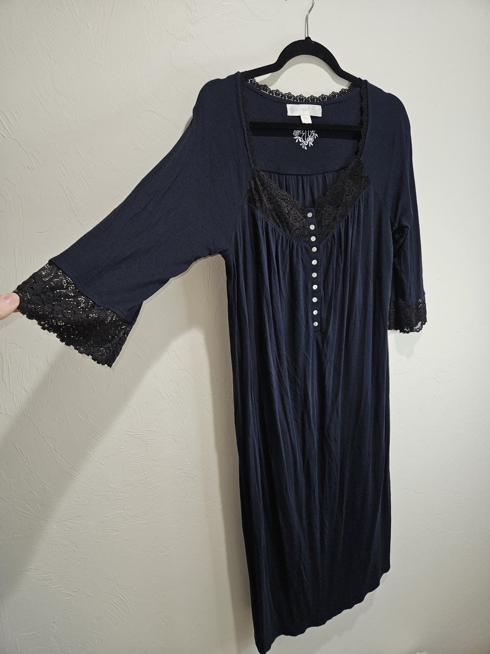 Eileen West Women's Navy Blue Lace-Trim Nightgown Large Sleep House Dress - Picture 2 of 9
